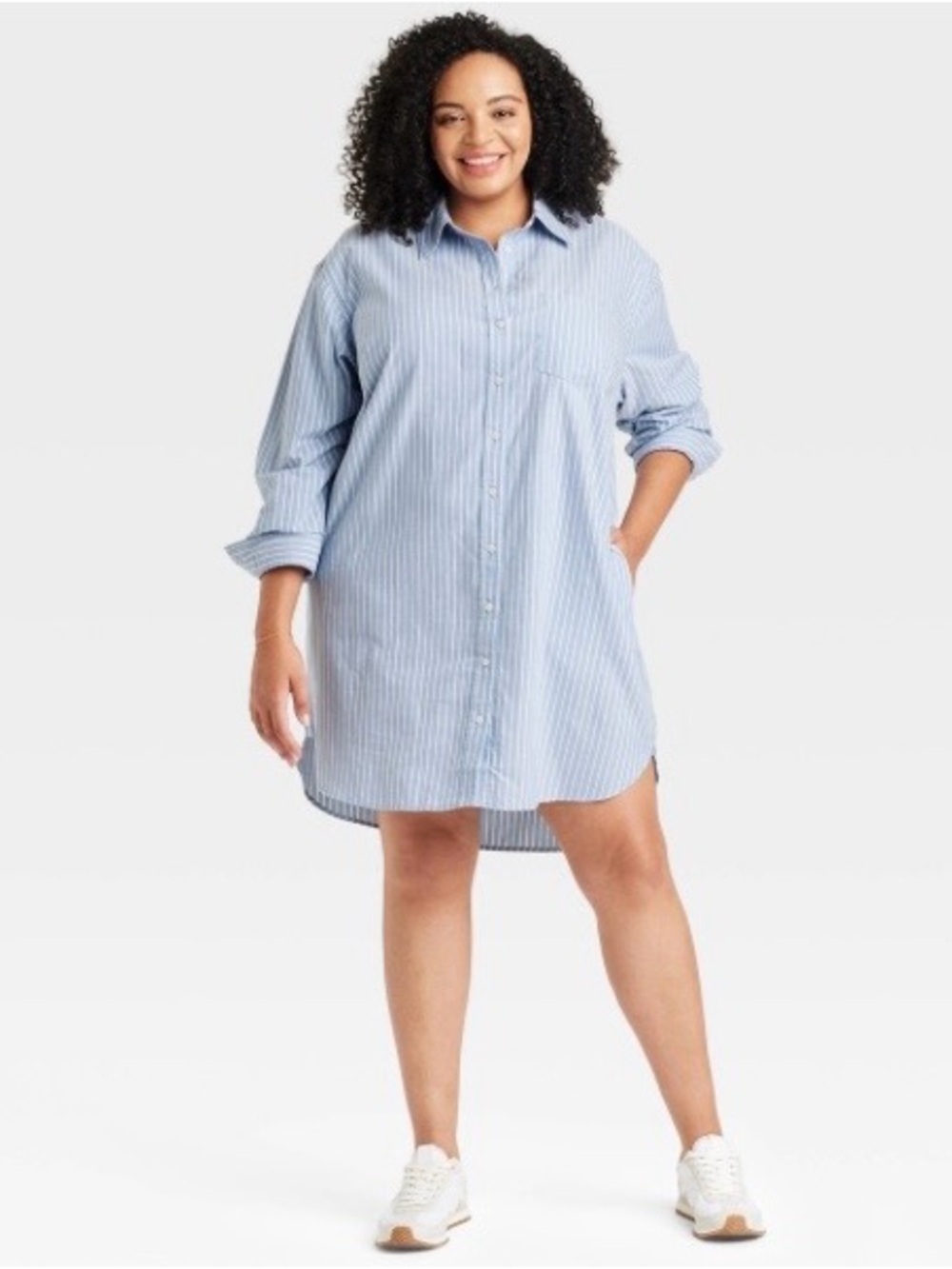 Universal Thread Blue & White Striped Long Sleeve Shirt Dress